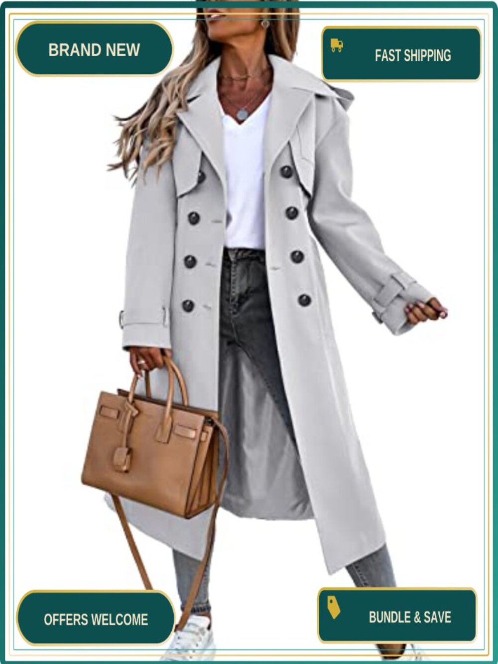 Women's Long Trench Coat Double Breasted Belted Windproof Overcoat